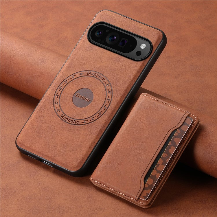 DENIOR D13 For Google Pixel 9 Pro / Pixel 9 Case Leather+PC+TPU Cover Phone Card Bag Kickstand - Brown