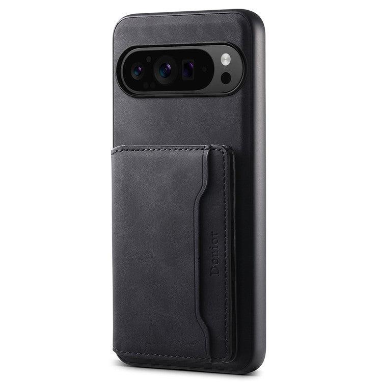 DENIOR D13 For Google Pixel 9 Pro / Pixel 9 Case Leather+PC+TPU Cover Phone Card Bag Kickstand - Black