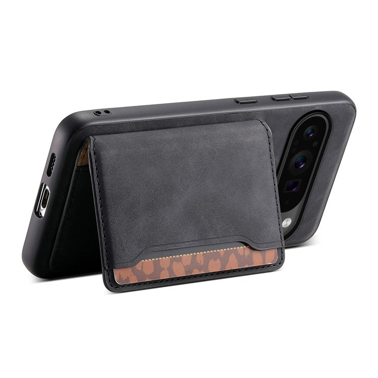 DENIOR D13 For Google Pixel 9 Pro / Pixel 9 Case Leather+PC+TPU Cover Phone Card Bag Kickstand - Black