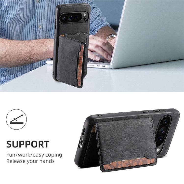 DENIOR D13 For Google Pixel 9 Pro / Pixel 9 Case Leather+PC+TPU Cover Phone Card Bag Kickstand - Black