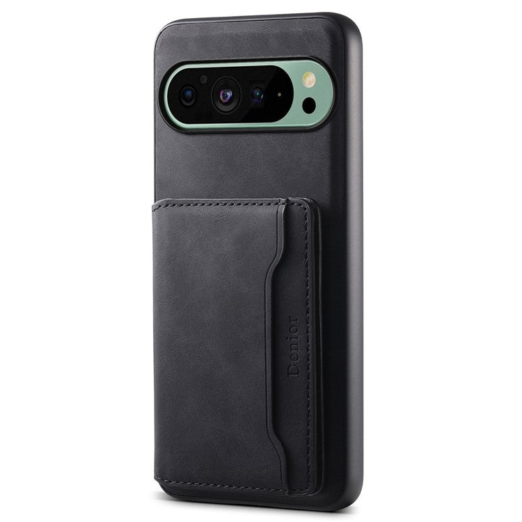 DENIOR D13 For Google Pixel 9 / 9 Pro Case Leather+PC+TPU Phone Cover Detachable Card Bag Kickstand - Black