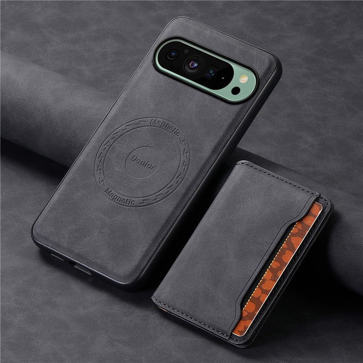 DENIOR D13 For Google Pixel 9 / 9 Pro Case Leather+PC+TPU Phone Cover Detachable Card Bag Kickstand - Black