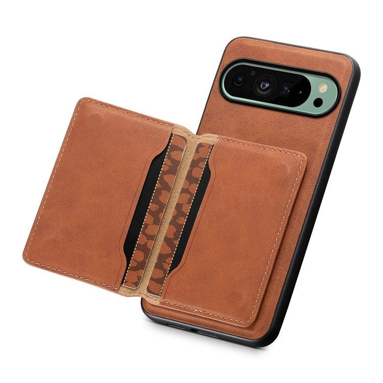 DENIOR D13 For Google Pixel 9 / 9 Pro Case Leather+PC+TPU Phone Cover Detachable Card Bag Kickstand - Brown
