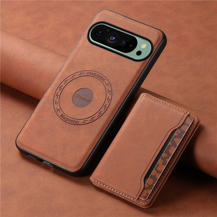 DENIOR D13 For Google Pixel 9 / 9 Pro Case Leather+PC+TPU Phone Cover Detachable Card Bag Kickstand - Brown