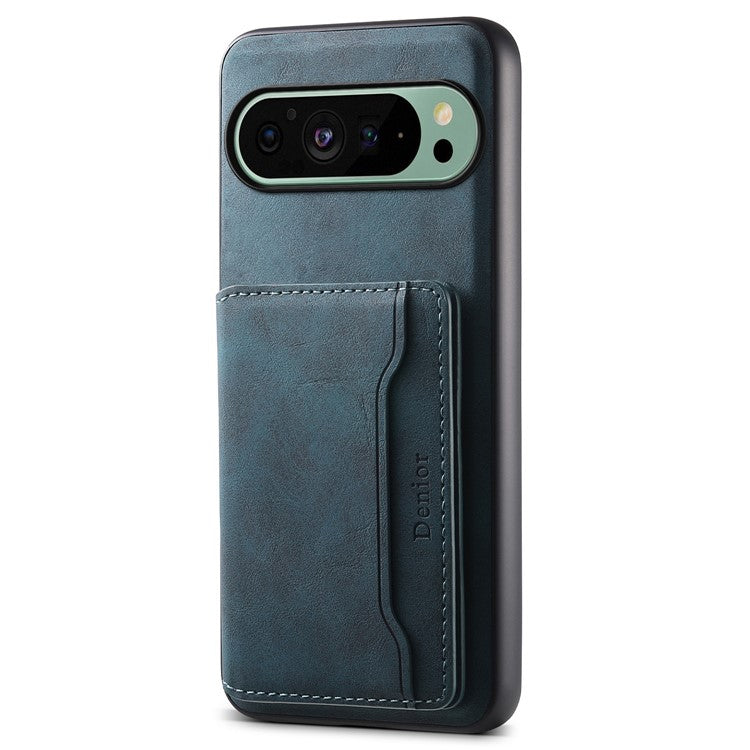 DENIOR D13 For Google Pixel 9 / 9 Pro Case Leather+PC+TPU Phone Cover Detachable Card Bag Kickstand - Blue