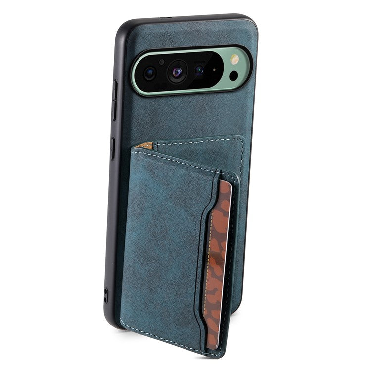 DENIOR D13 For Google Pixel 9 / 9 Pro Case Leather+PC+TPU Phone Cover Detachable Card Bag Kickstand - Blue