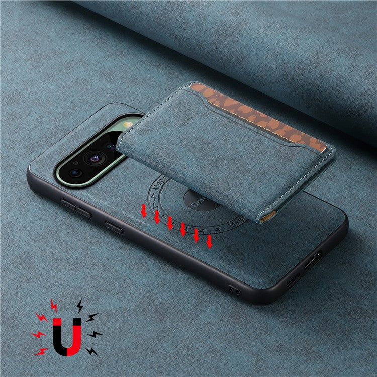 DENIOR D13 For Google Pixel 9 / 9 Pro Case Leather+PC+TPU Phone Cover Detachable Card Bag Kickstand - Blue