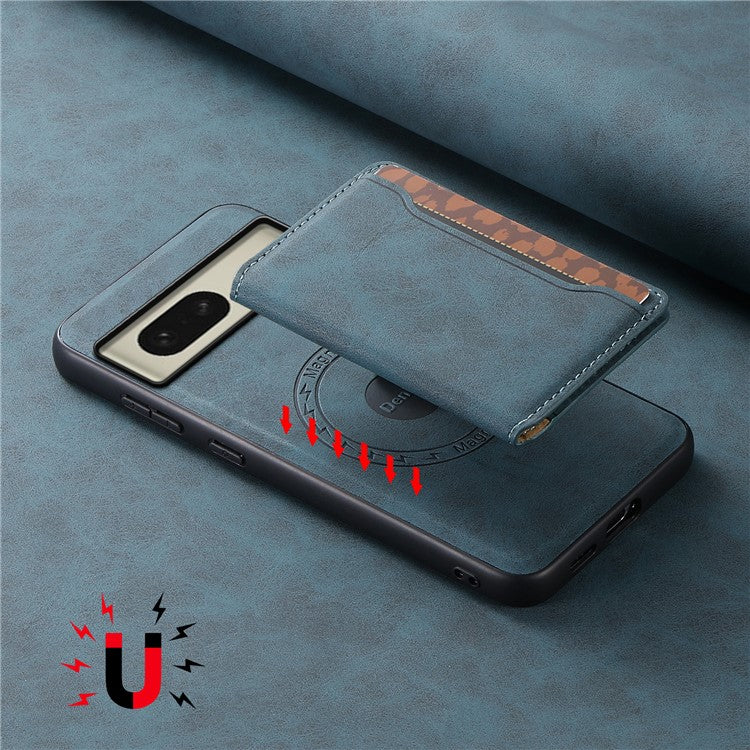 DENIOR D13 For Google Pixel 8 Case Detachable Magnetic Leather Back Cover Retro Texture - Blue
