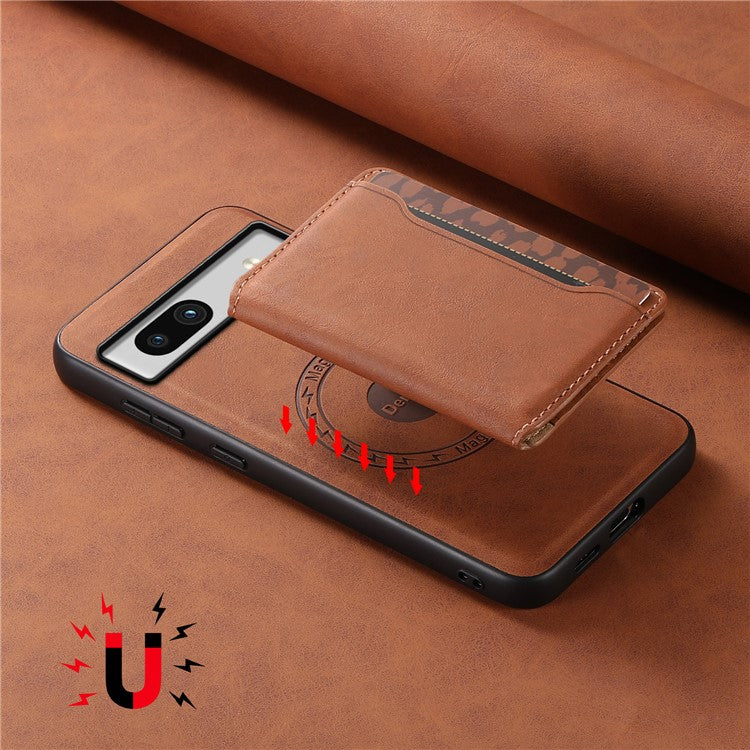 DENIOR D13 For Google Pixel 7a Case with Detachable Card Holder Leather Magnetic Phone Cover - Brown