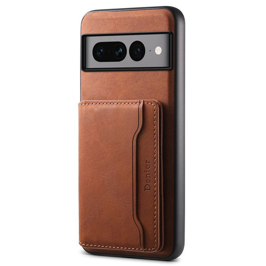 DENIOR D13 For Google Pixel 7 Pro 5G Case Compatible with MagSafe Leather Back Cover Kickstand Card Holder - Brown