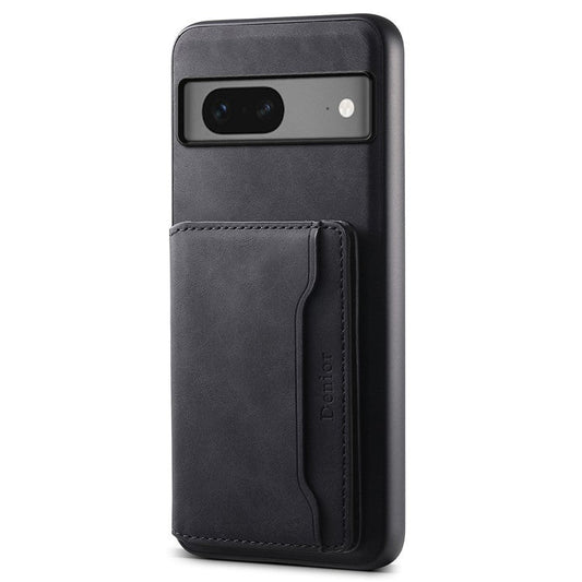 DENIOR D13 For Google Pixel 7 5G Case Magnetic Card Holder Kickstand Leather Back Phone Cover - Black