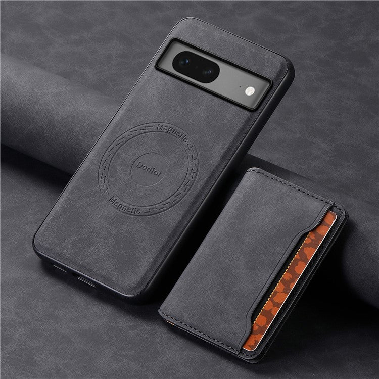 DENIOR D13 For Google Pixel 7 5G Case Magnetic Card Holder Kickstand Leather Back Phone Cover - Black