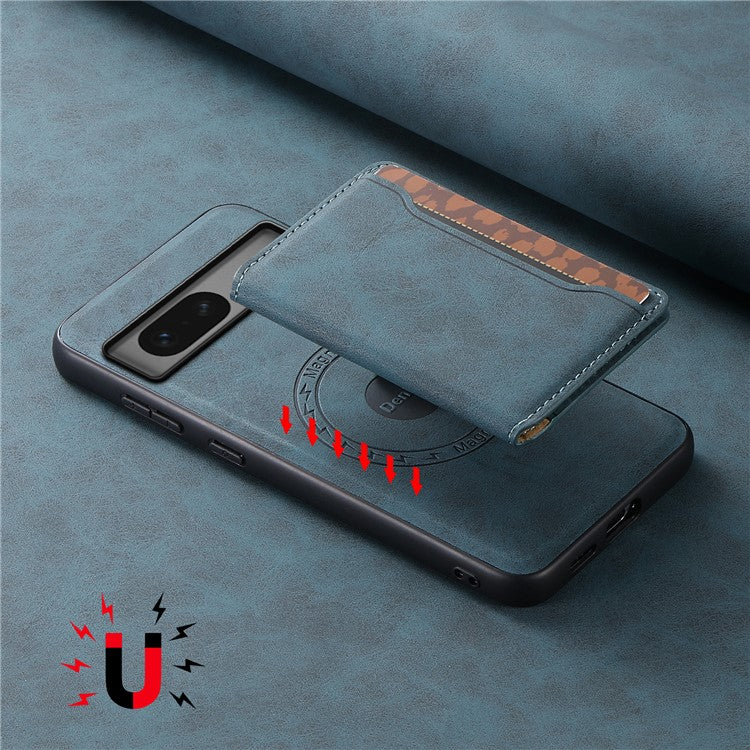 DENIOR D13 For Google Pixel 7 5G Case Magnetic Card Holder Kickstand Leather Back Phone Cover - Blue