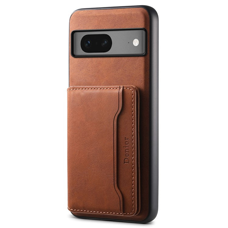 DENIOR D13 For Google Pixel 7 5G Case Magnetic Card Holder Kickstand Leather Back Phone Cover - Brown