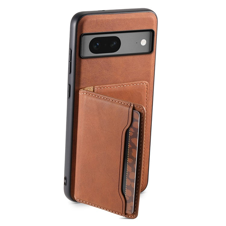 DENIOR D13 For Google Pixel 7 5G Case Magnetic Card Holder Kickstand Leather Back Phone Cover - Brown