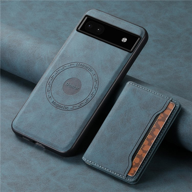 DENIOR D13 For Google Pixel 6a Kickstand Case PU+PC+TPU Phone Cover Detachable Card Bag - Blue