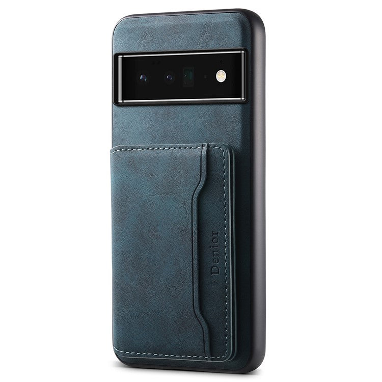 DENIOR D13 For Google Pixel 6 Pro 5G Retro Case Leather Phone Back Cover Detachable 2-in-1 Card Holder - Blue