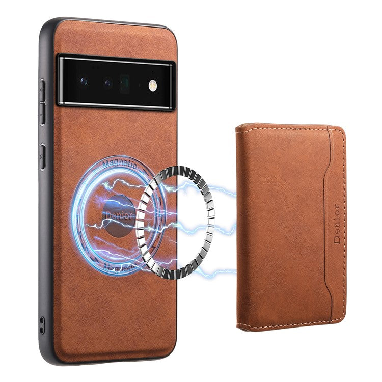 DENIOR D13 For Google Pixel 6 Pro 5G Retro Case Leather Phone Back Cover Detachable 2-in-1 Card Holder - Brown