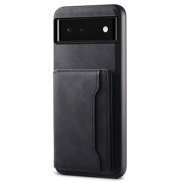 DENIOR D13 For Google Pixel 6 Case Leather+PC+TPU Phone Cover Detachable Card Bag Kickstand - Black
