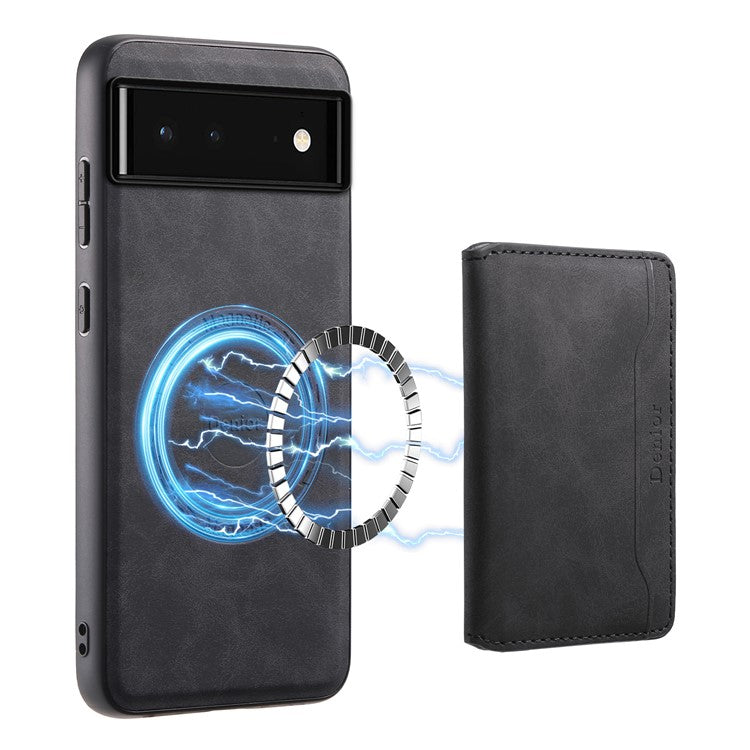 DENIOR D13 For Google Pixel 6 Case Leather+PC+TPU Phone Cover Detachable Card Bag Kickstand - Black