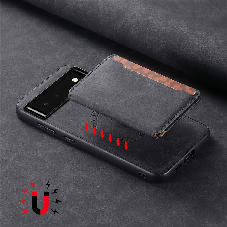 DENIOR D13 For Google Pixel 6 Case Leather+PC+TPU Phone Cover Detachable Card Bag Kickstand - Black