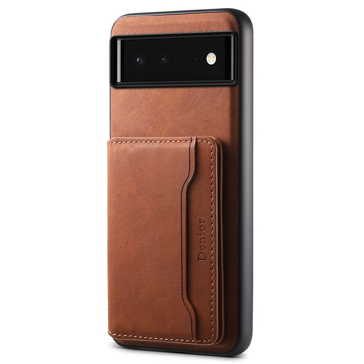 DENIOR D13 For Google Pixel 6 Case Leather+PC+TPU Phone Cover Detachable Card Bag Kickstand - Brown