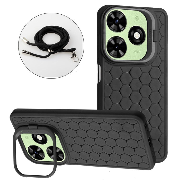 For TECNO Spark 20 Kickstand Case TPU Phone Cover with Lanyard - Black