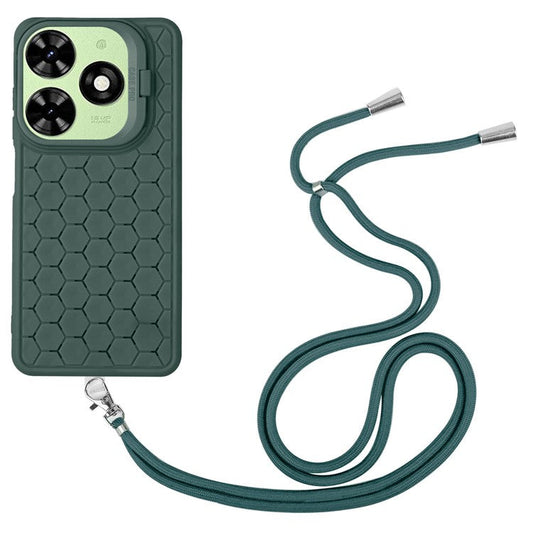 For TECNO Spark 20C Lanyard Case Kickstand TPU Phone Cover Honeycomb Hole Heat Dissipation - Army Green