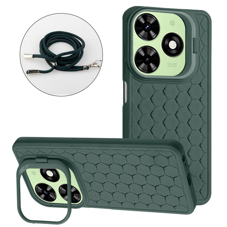 For TECNO Spark 20C Lanyard Case Kickstand TPU Phone Cover Honeycomb Hole Heat Dissipation - Army Green