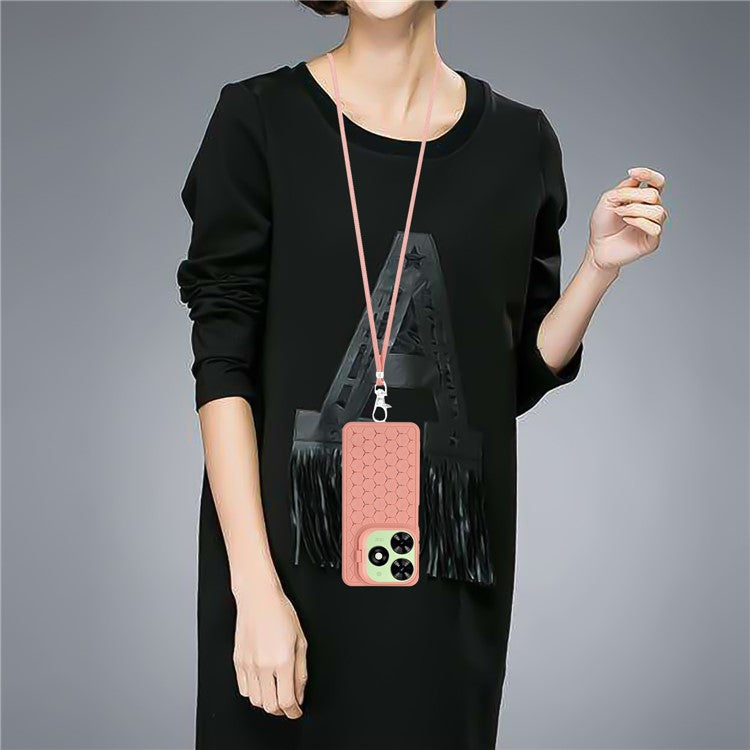 For TECNO Spark 20C Lanyard Case Kickstand TPU Phone Cover Honeycomb Hole Heat Dissipation - Pink