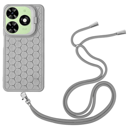 For TECNO Spark 20C Lanyard Case Kickstand TPU Phone Cover Honeycomb Hole Heat Dissipation - Grey
