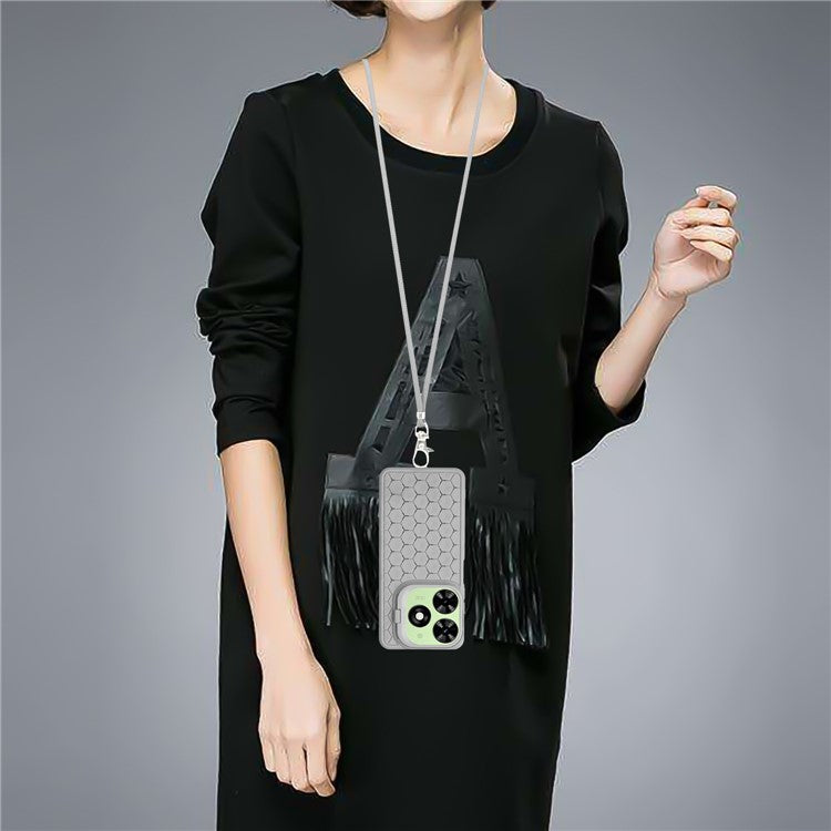 For TECNO Spark 20C Lanyard Case Kickstand TPU Phone Cover Honeycomb Hole Heat Dissipation - Grey
