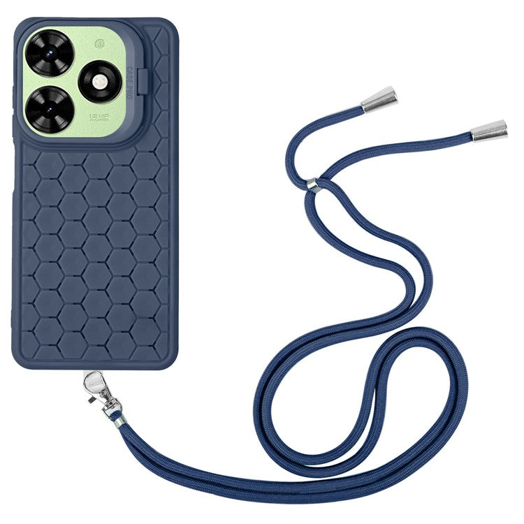 For TECNO Spark 20C Lanyard Case Kickstand TPU Phone Cover Honeycomb Hole Heat Dissipation - Dark Blue