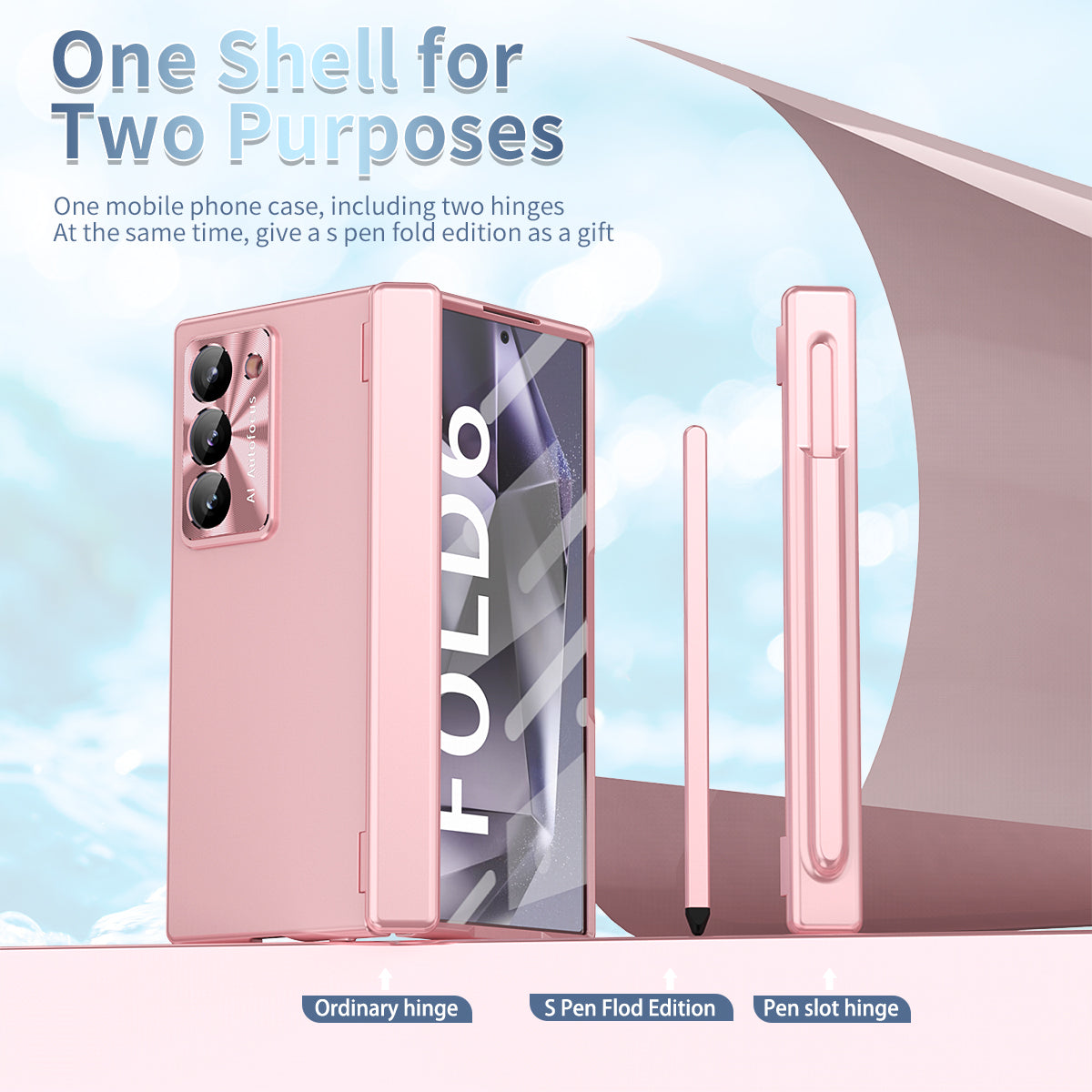 For Samsung Galaxy Z Fold6 5G Phone Case Hard PC Phone Cover with Tempered Glass Film / Stylus - Pink