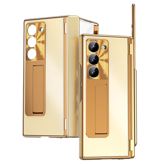 For Samsung Galaxy Z Fold6 5G Case Aluminum Alloy Phone Cover with Tempered Glass Film and Stylus - Gold+Gold