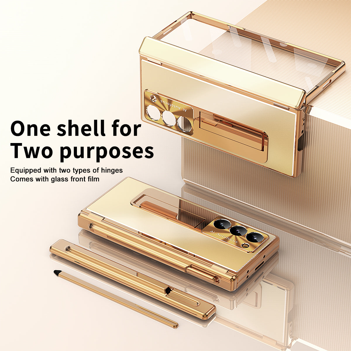 For Samsung Galaxy Z Fold6 5G Case Aluminum Alloy Phone Cover with Tempered Glass Film and Stylus - Gold+Gold