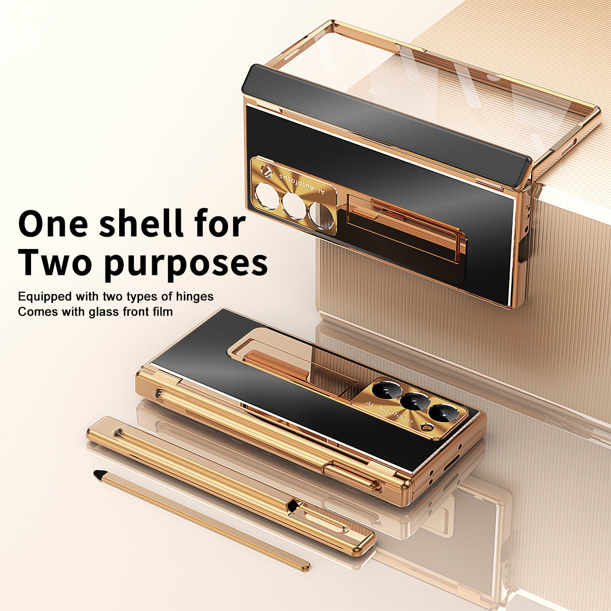 For Samsung Galaxy Z Fold6 5G Case Aluminum Alloy Phone Cover with Tempered Glass Film and Stylus - Gold+Black