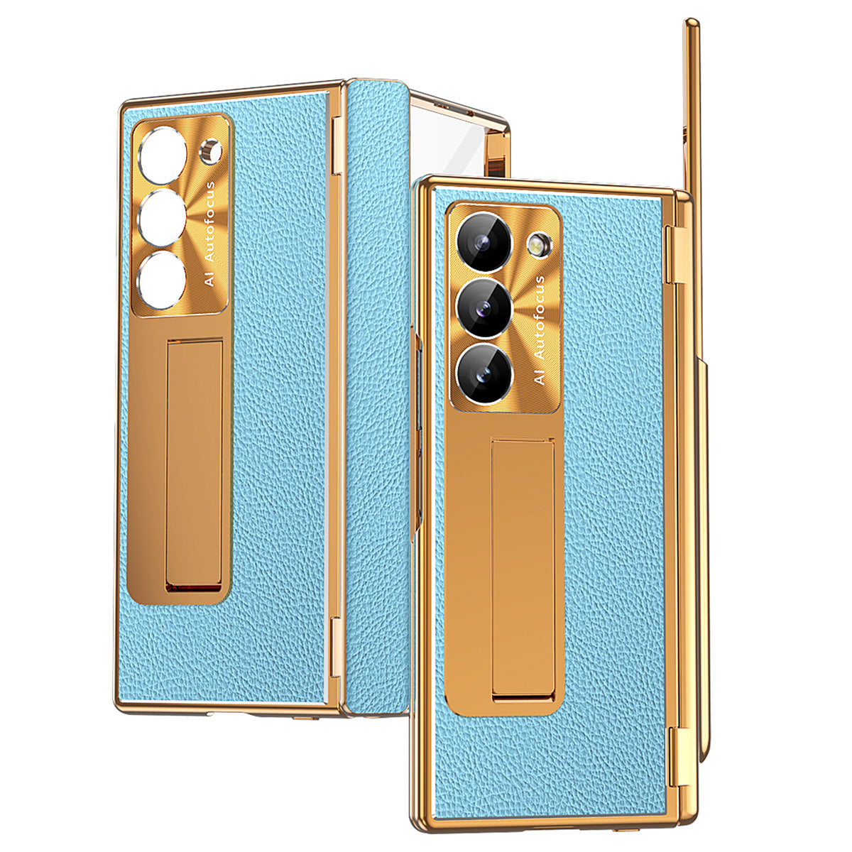 For Samsung Galaxy Z Fold6 5G Case Hinge Protection PU+PC Phone Cover with Stylus - Gold / Blue