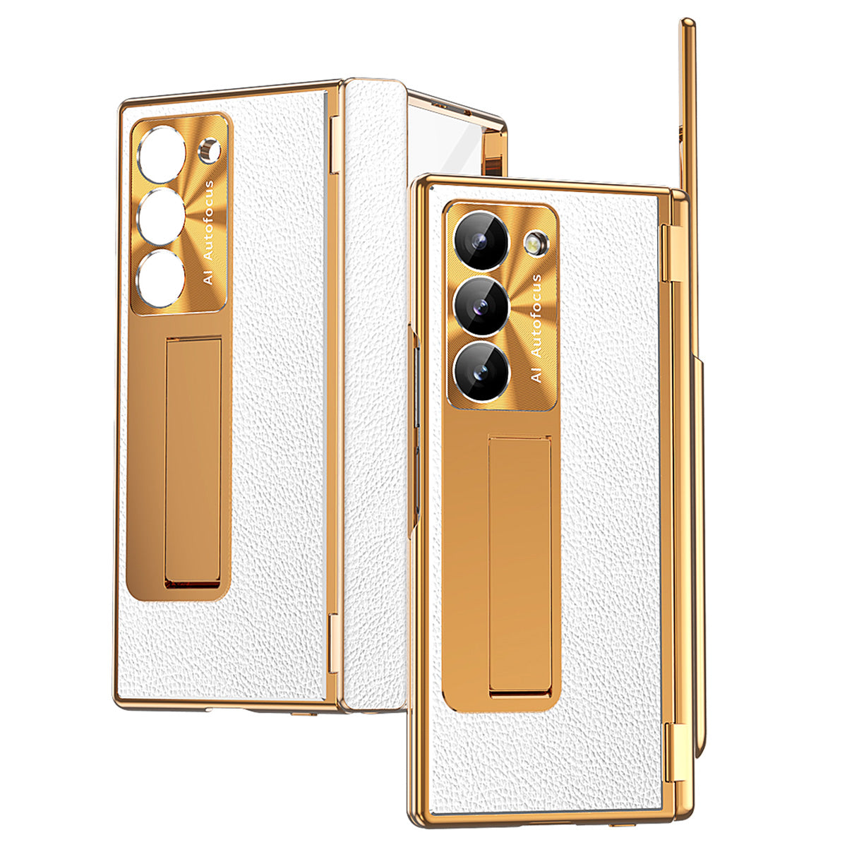 For Samsung Galaxy Z Fold6 5G Case Hinge Protection PU+PC Phone Cover with Stylus - Gold / Silver