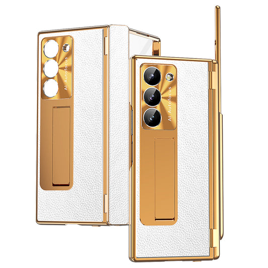 For Samsung Galaxy Z Fold6 5G Case Hinge Protection PU+PC Phone Cover with Stylus - Gold / Silver