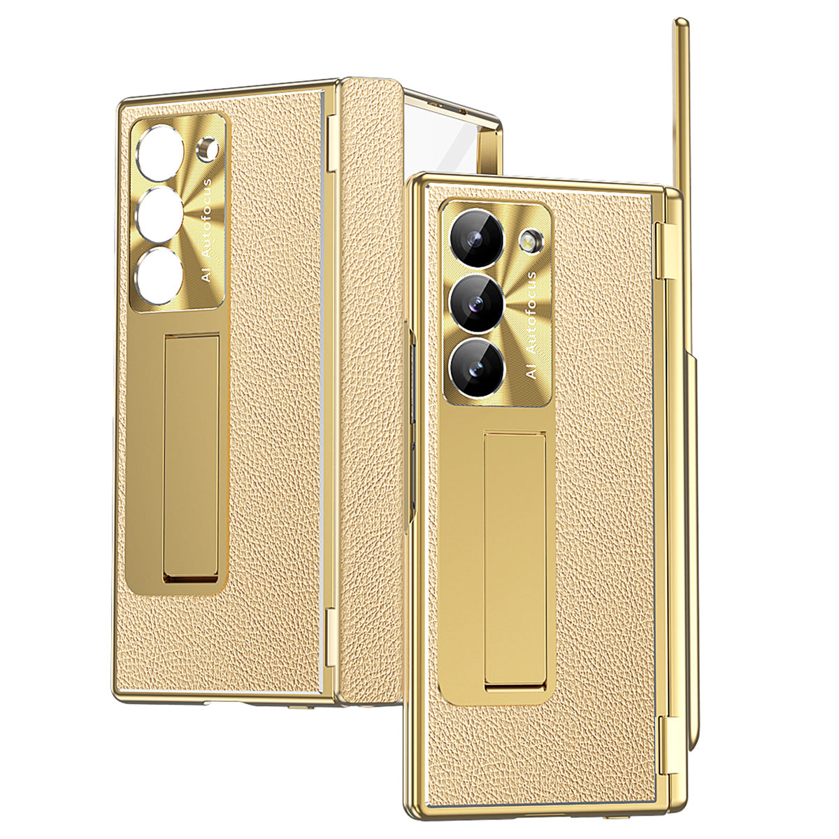 For Samsung Galaxy Z Fold6 5G Case Hinge Protection PU+PC Phone Cover with Stylus - Gold