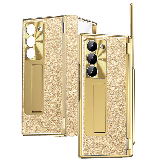 For Samsung Galaxy Z Fold6 5G Case Hinge Protection PU+PC Phone Cover with Stylus - Gold