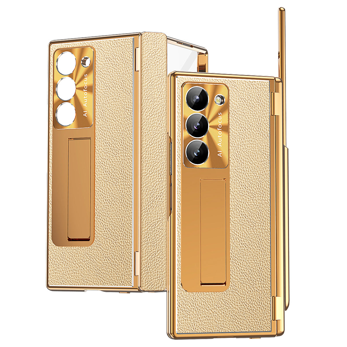 For Samsung Galaxy Z Fold6 5G Case Hinge Protection PU+PC Phone Cover with Stylus - Gold / Gold