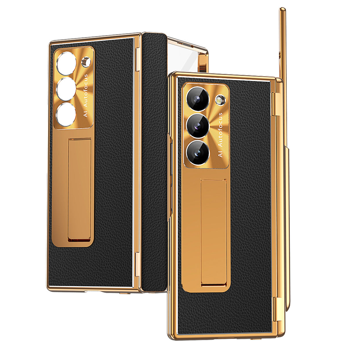 For Samsung Galaxy Z Fold6 5G Case Hinge Protection PU+PC Phone Cover with Stylus - Gold / Black
