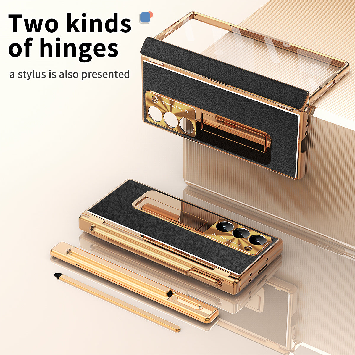 For Samsung Galaxy Z Fold6 5G Case Hinge Protection PU+PC Phone Cover with Stylus - Gold / Black