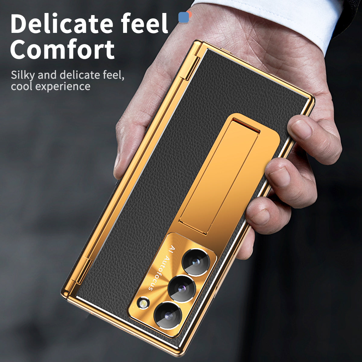 For Samsung Galaxy Z Fold6 5G Case Hinge Protection PU+PC Phone Cover with Stylus - Gold / Black