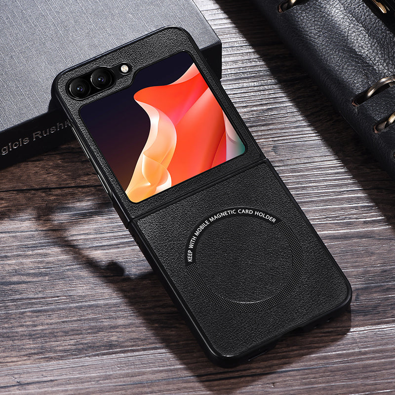 For Samsung Galaxy Z Flip6 5G Case Compatible with MagSafe Leather+PC Phone Cover - Black