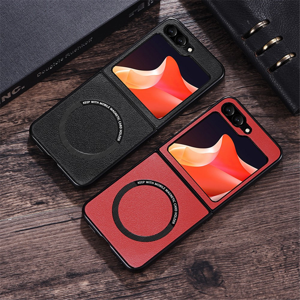 For Samsung Galaxy Z Flip7 FE 5G / Z Flip6 5G Case Compatible with MagSafe Leather+PC Phone Cover - Black