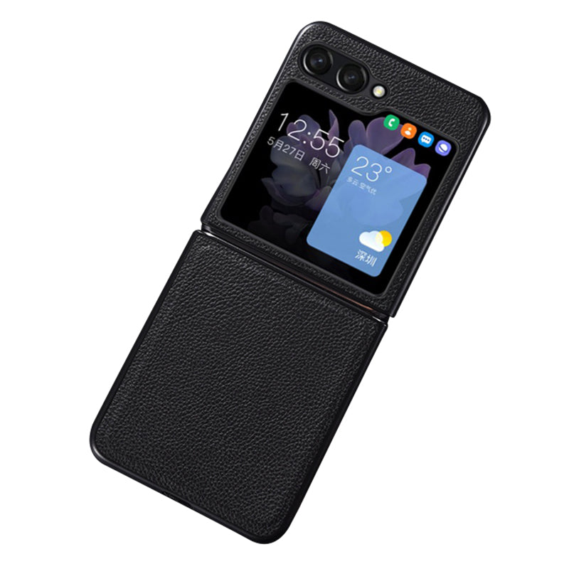 For Samsung Galaxy Z Flip6 5G Case Cowhide Leather + PC Folding Phone Cover - Black