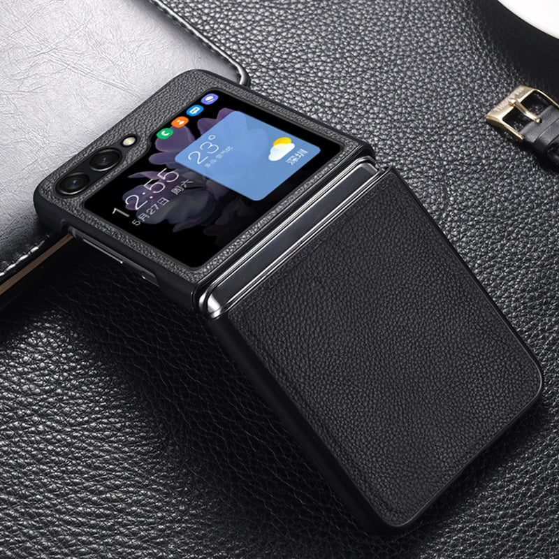 For Samsung Galaxy Z Flip6 5G Case Cowhide Leather + PC Folding Phone Cover - Blue